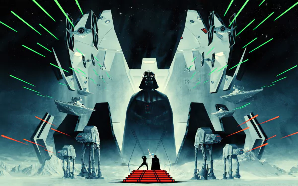 HD desktop wallpaper featuring Darth Vader, AT-AT Walkers, and a scene from Star Wars Episode V: The Empire Strikes Back, with vibrant green and red lights streaking across the dark background.