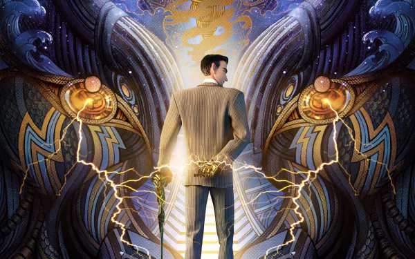 HD PC desktop wallpaper featuring a scene from the movie Xin Shen Bang: Ne Zha Chongsheng, depicting a man in a suit standing with lightning between two ornate, mechanical dragon designs.