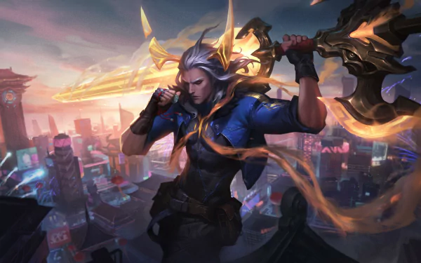 HD PC desktop wallpaper featuring Viego from League of Legends, showcasing the character wielding a glowing weapon against a cityscape at dusk.
