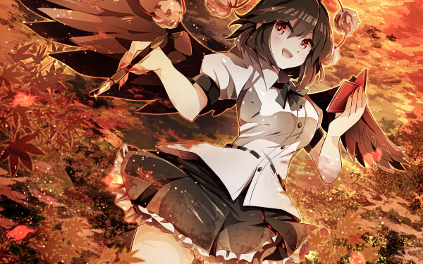 Aya Shameimaru (Touhou) anime 4K Ultra HD PC desktop wallpaper and background: crow-winged reporter in white blouse and black skirt amid fiery autumn leaves, red-eyed, holding a red paper.