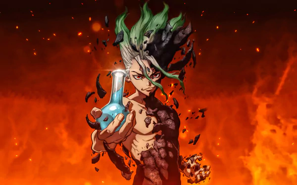HD desktop wallpaper featuring Senku Ishigami from the anime Dr. Stone, set against a vibrant, fiery background. Senku holds a blue flask, symbolizing his scientific endeavors.