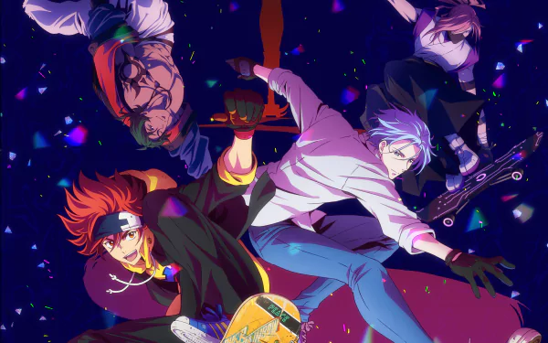 4K Ultra HD wallpaper featuring Kaoru Sakurayashiki, Kojiro Nanjo, Langa Hasegawa, and Reki Kyan from the anime SK8 the Infinity in vibrant action poses.