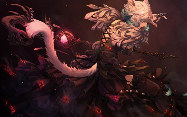 Miqo'te from the Final Fantasy XIV video game in a dramatic dark fantasy scene, white-haired catlike warrior in flowing armor amid glowing embers — 4K Ultra HD PC desktop wallpaper/background.