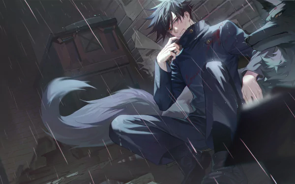 HD desktop wallpaper featuring Megumi Fushiguro from the anime Jujutsu Kaisen, sitting in the rain with a contemplative expression, surrounded by a dark, moody atmosphere.
