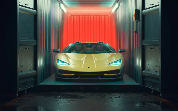 A yellow Lamborghini Centenario supercar with glowing headlights, showcased in a sleek, dimly lit modern garage, captured in stunning 4K Ultra HD detail.