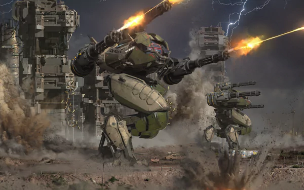 HD desktop wallpaper featuring intense action from the video game War Robots, showcasing powerful robots engaged in battle against a dramatic backdrop of explosions and lightning.