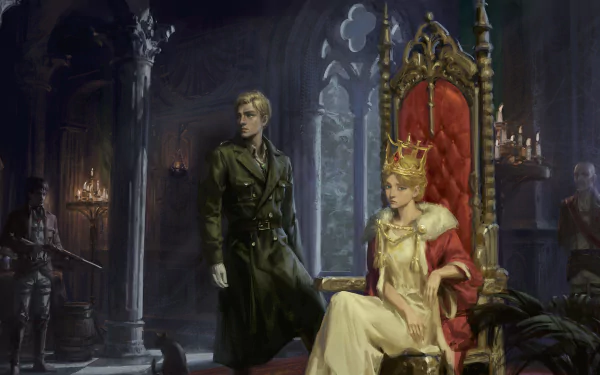HD desktop wallpaper and background of Erwin Smith and Historia Reiss from the anime Attack on Titan, with Erwin standing and Historia seated on an ornate throne in a dimly lit, regal setting.