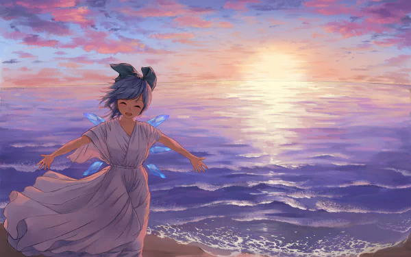 HD anime desktop wallpaper featuring Cirno from Touhou standing by the ocean at sunset, with soft waves and a colorful sky in the background.