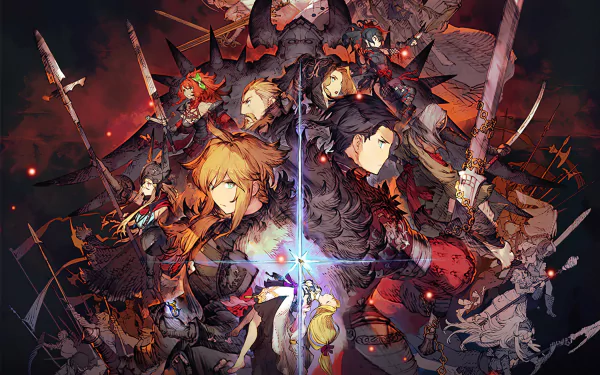 HD desktop wallpaper featuring dynamic characters from War of the Visions: Final Fantasy Brave Exvius in an action-packed illustration.