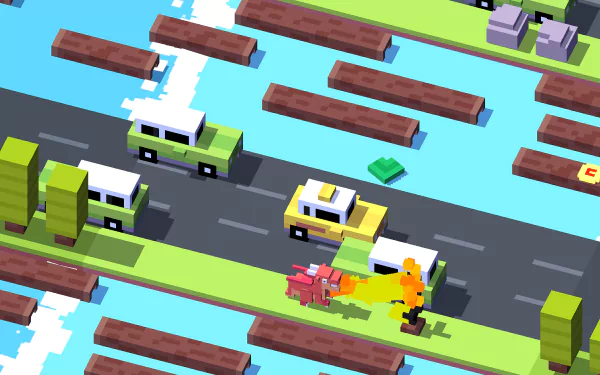 HD Crossy Road desktop wallpaper featuring a colorful pixel art style with characters and vehicles on a busy road and river.