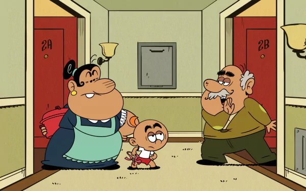 HD desktop wallpaper from 'The Loud House' featuring the character Carlino Casagrande in a hallway with two other characters.