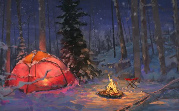 HD artistic wallpaper of a snowy forest at night, featuring a glowing tent and campfire surrounded by trees.
