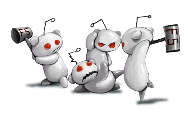 HD desktop wallpaper of stylized Reddit alien mascots in playful poses with paint and brushes, suitable as a quirky background.