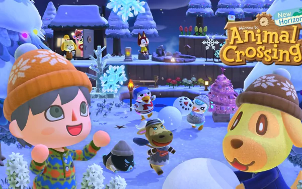 HD wallpaper of Animal Crossing: New Horizons featuring characters in a festive winter scene with snowy landscape and decorations.