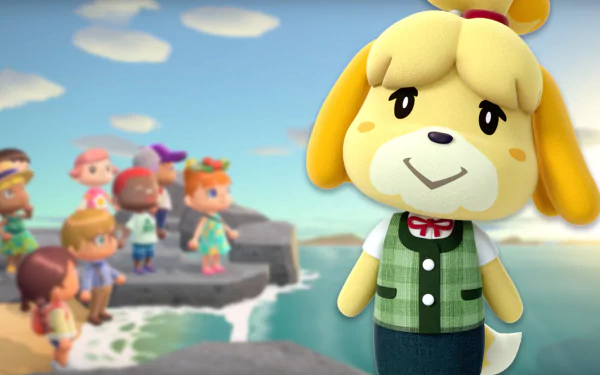 HD desktop wallpaper of Animal Crossing: New Horizons featuring the dog character Isabelle with game villagers in the background.