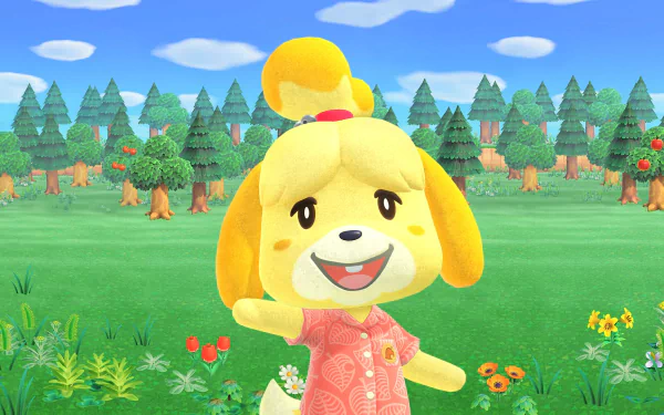 HD desktop wallpaper of Isabelle from Animal Crossing: New Horizons, smiling on a vibrant green landscape background.
