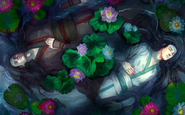 Lan Wangji and Wei Wuxian lie among lotus blooms on dark water, serene anime scene from Mo Dao Zu Shi, 4K Ultra HD PC desktop wallpaper/background.