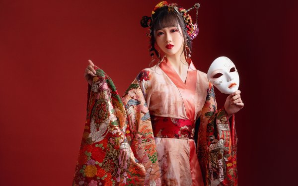 Women Asian Kimono Mask Model Lipstick Brunette HD Wallpaper | Background Image
