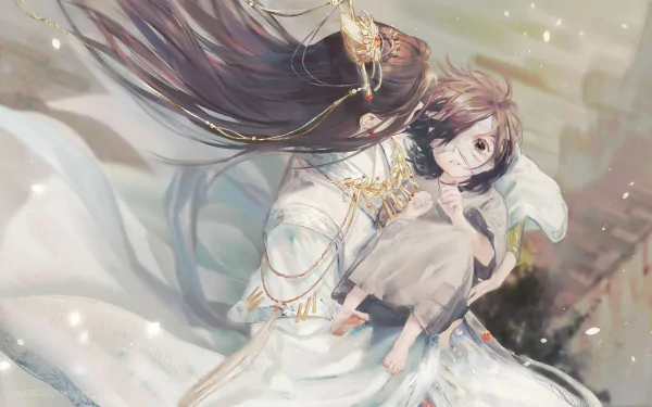 Anime HD desktop wallpaper featuring Hua Cheng and Xie Lian from Tian Guan Ci Fu, also known as Crimson Rain Sought Flower, with elegant, detailed artwork.