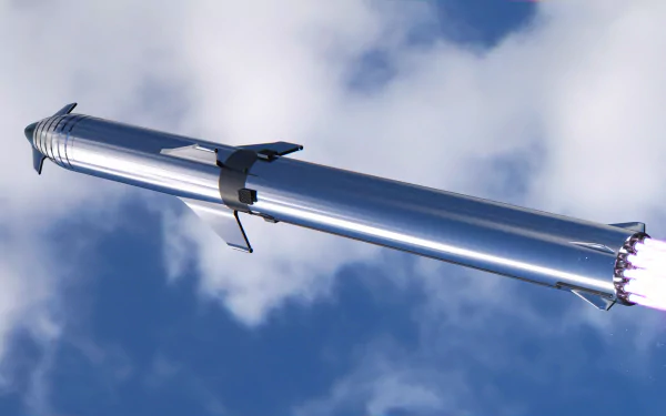 HD desktop wallpaper of SpaceX Starship in mid-flight against a blue sky with clouds.