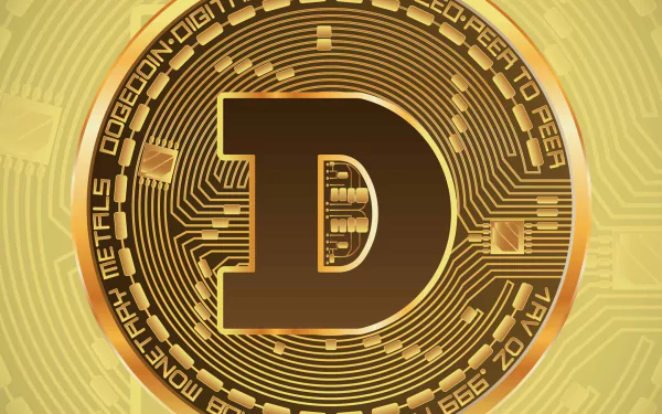 HD desktop wallpaper featuring a stylized Dogecoin, a popular cryptocurrency, with intricate digital patterns.