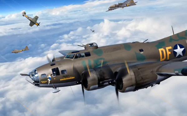 HD desktop wallpaper featuring a Boeing B-17 Flying Fortress bomber and multiple warplanes flying above the clouds in a military aircraft formation.