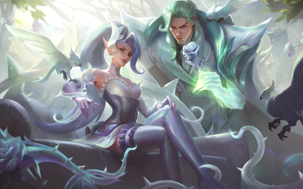 8K Ultra HD League of Legends wallpaper featuring Swain and Zyra with mystical, ethereal effects in a dynamic video game scene.
