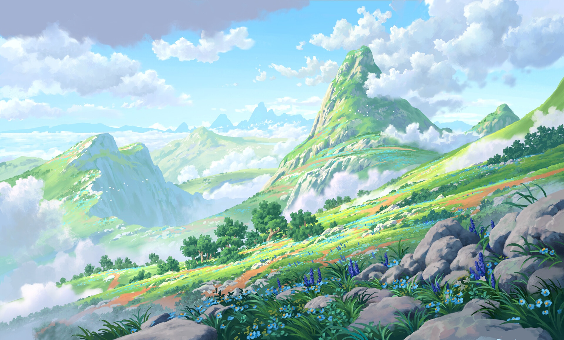 Download Cloud Nature Mountain Flower Artistic Landscape HD Wallpaper