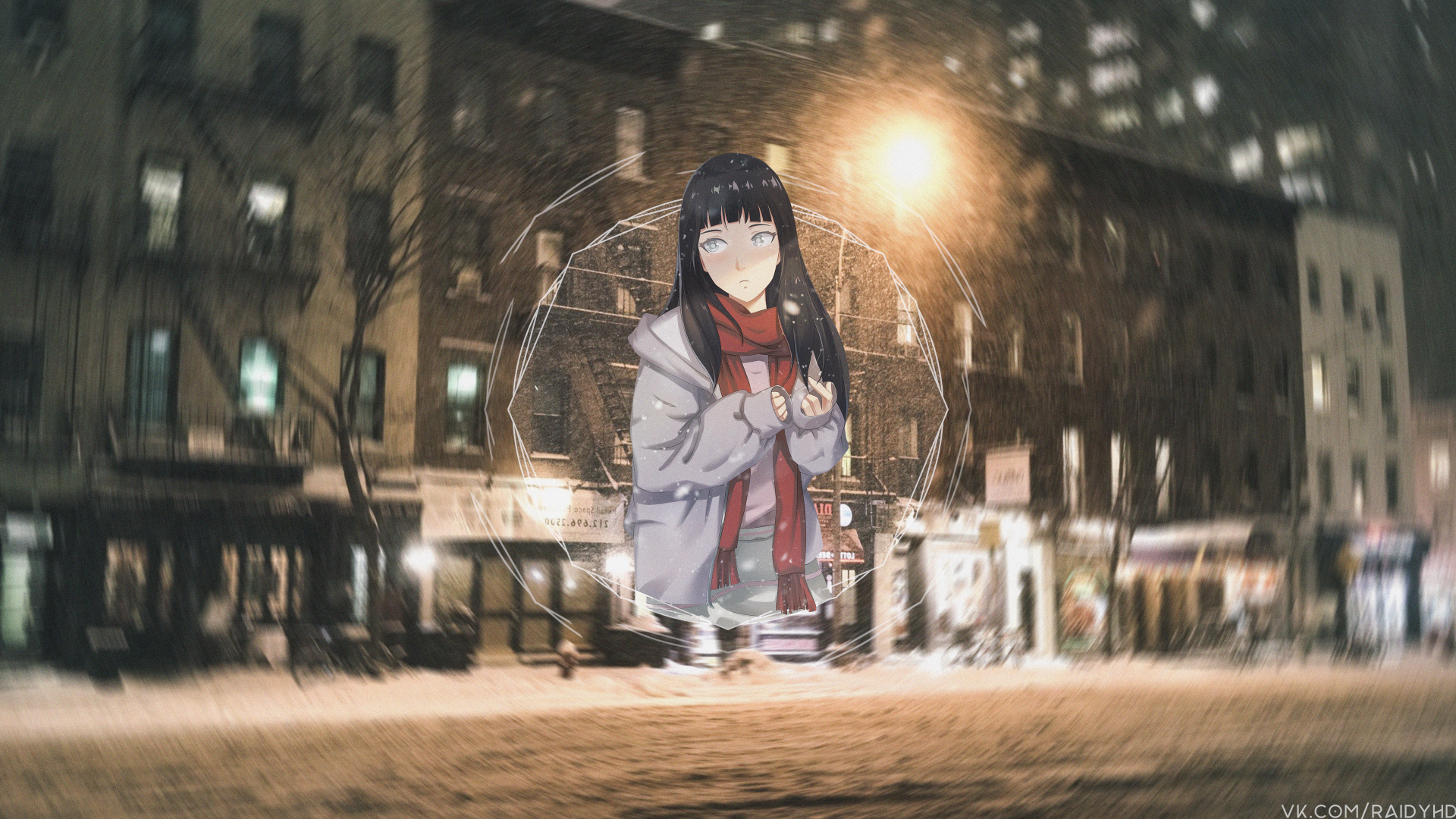4K Ultra HD anime PC wallpaper featuring Hinata Hyuga from Naruto in a picture-in-picture style overlay on a nighttime city street background.