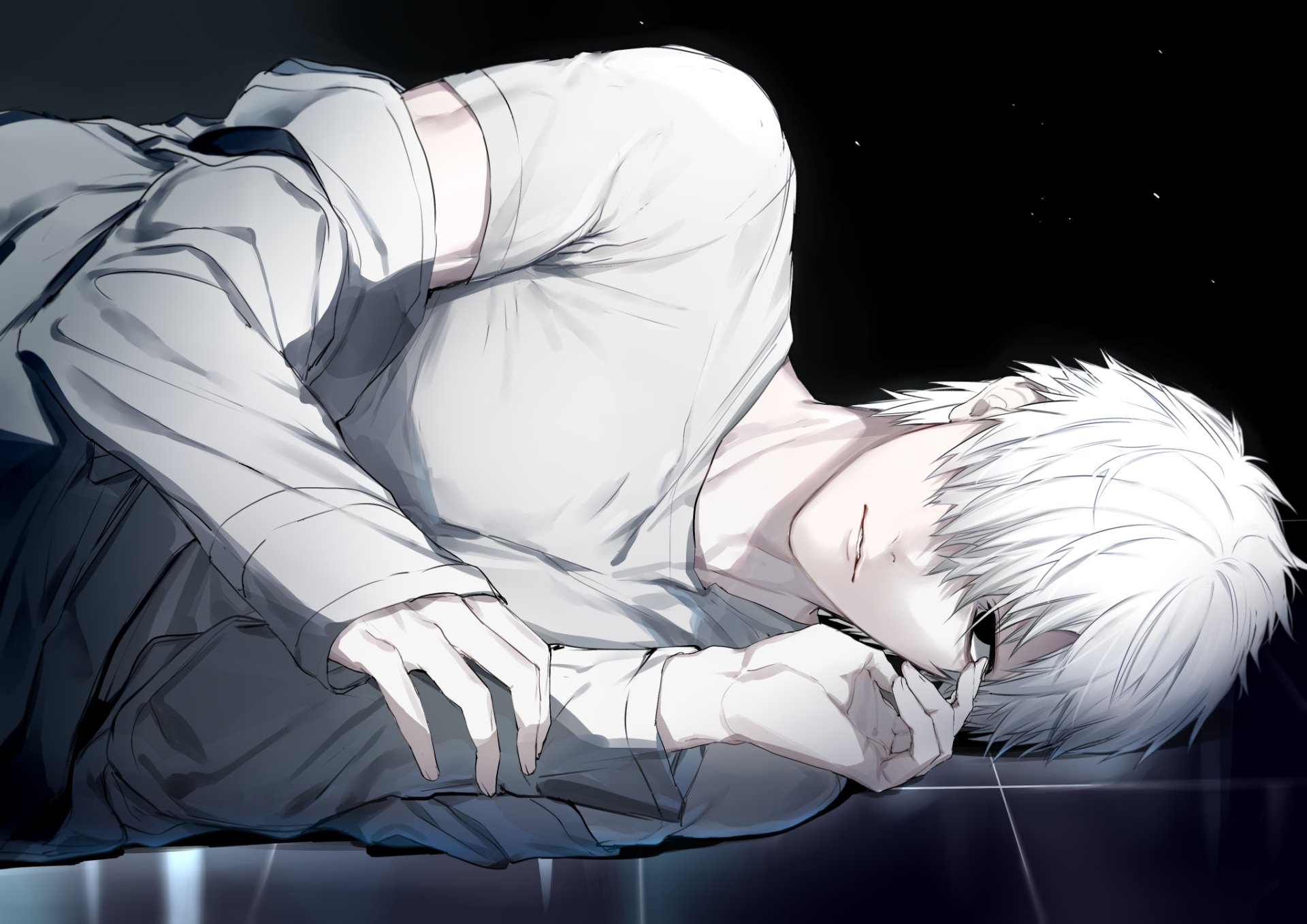 HD PC desktop wallpaper and background: U-1146 (Cells At Work!) anime art of a white-haired character lying on his side in a light shirt against a dark, reflective backdrop.