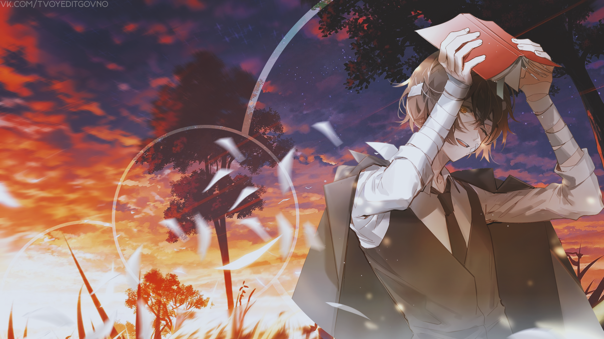 Osamu Dazai from Bungou Stray Dogs anime is depicted in a detailed 4K Ultra HD desktop wallpaper with a vibrant sunset background.