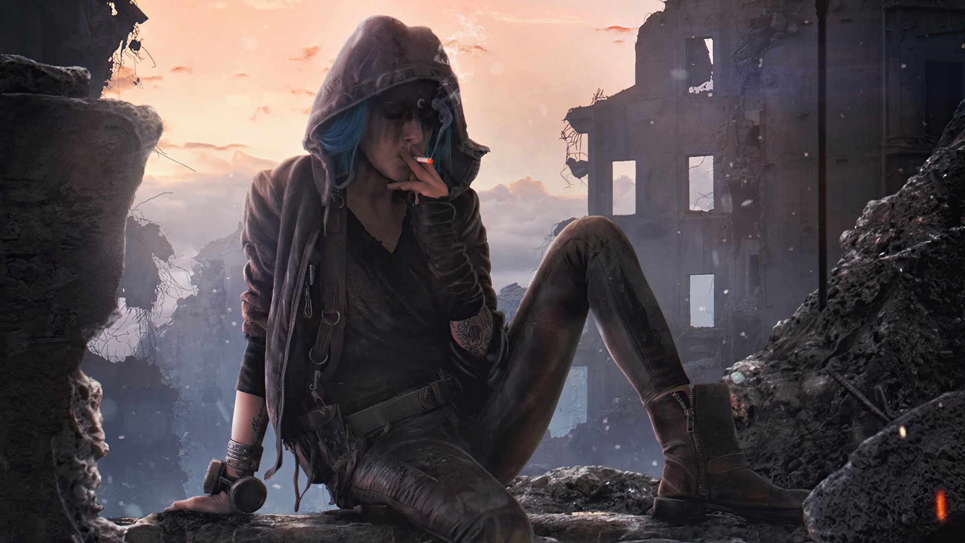 A lone figure in a post-apocalyptic sci-fi setting smokes amidst ruined buildings, rendered in 4K Ultra HD for a striking PC desktop wallpaper.