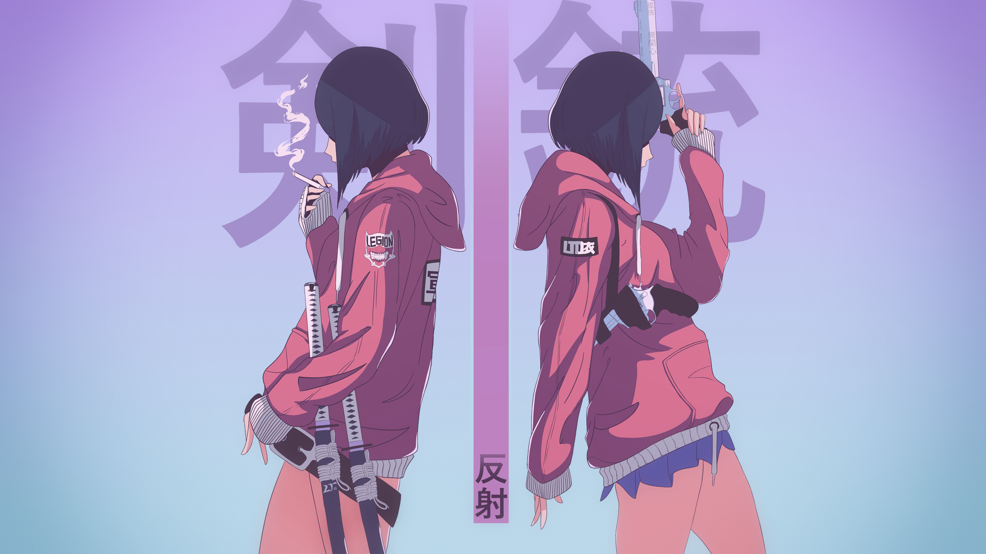 HD anime girl desktop wallpaper featuring a mirrored image of a girl in a red hoodie holding a cigarette, set against a soft purple background with Japanese text.