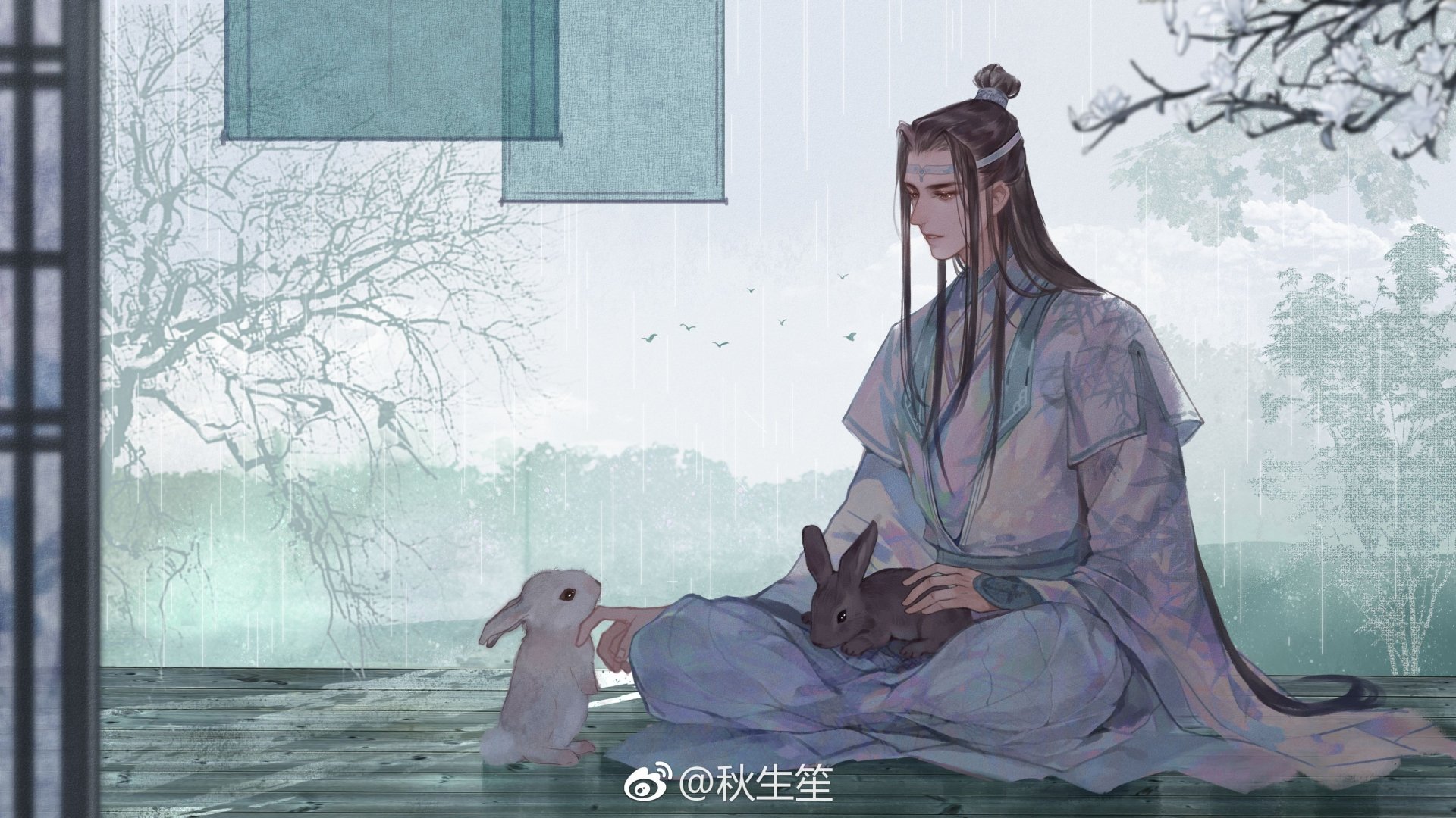 4K Ultra HD anime wallpaper featuring Lan Wangji from Mo Dao Zu Shi, sitting peacefully with two rabbits in a serene, misty setting.