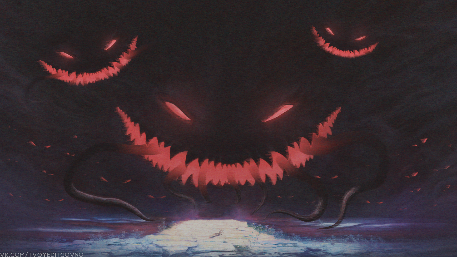 Anime-style Halloween scene featuring ominous grinning faces emerging from darkness, designed as a 4K Ultra HD PC desktop wallpaper background.