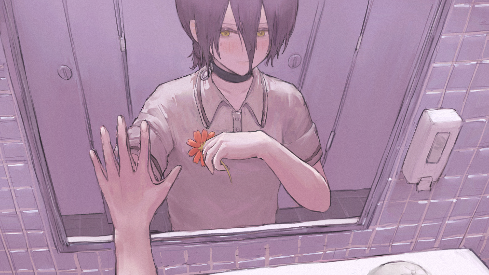 HD PC desktop wallpaper featuring Reze from the anime Chainsaw Man, showing her reflection in a bathroom mirror with a soft, muted color palette.