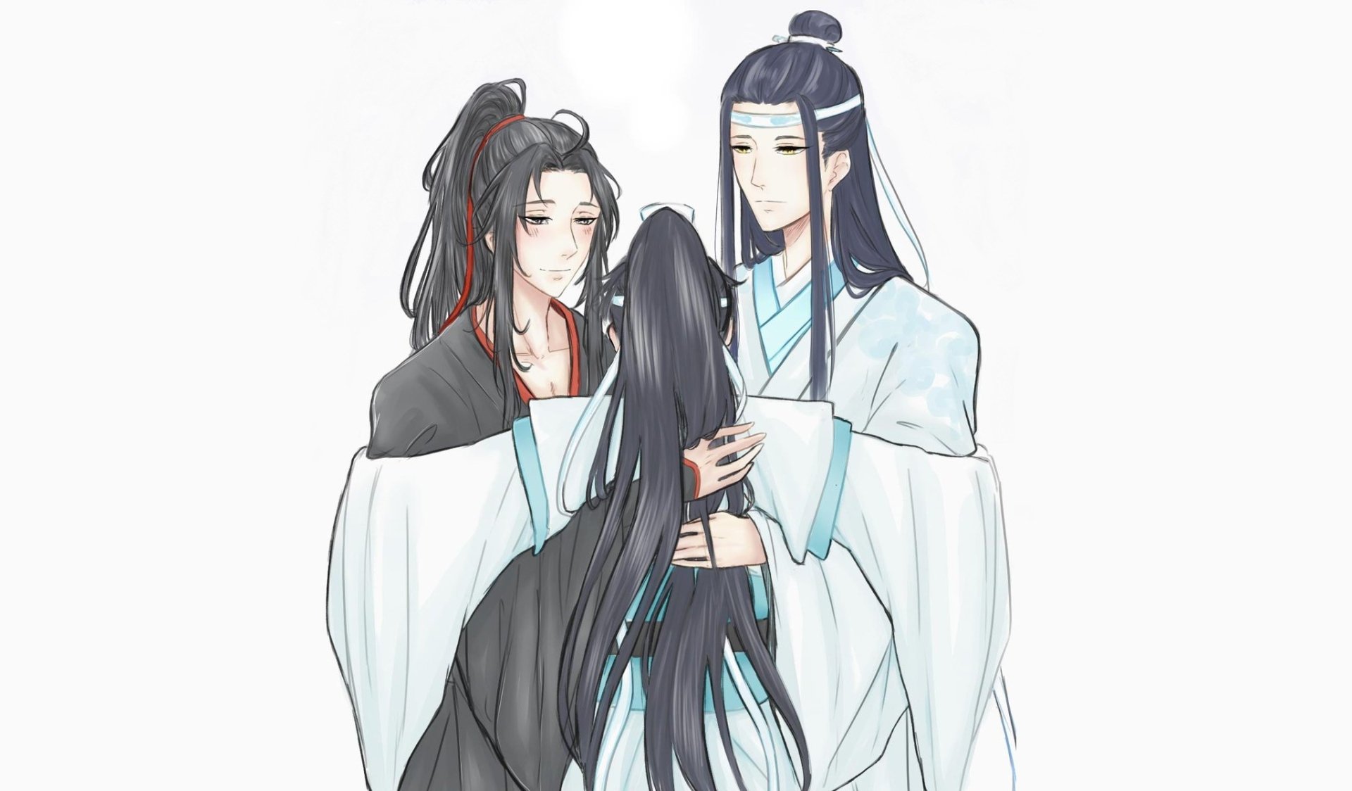HD anime wallpaper: Wei Wuxian and Lan Wangji stand close, gently embracing young Lan Sizhui between them — Mo Dao Zu Shi trio rendered in soft, delicate style.