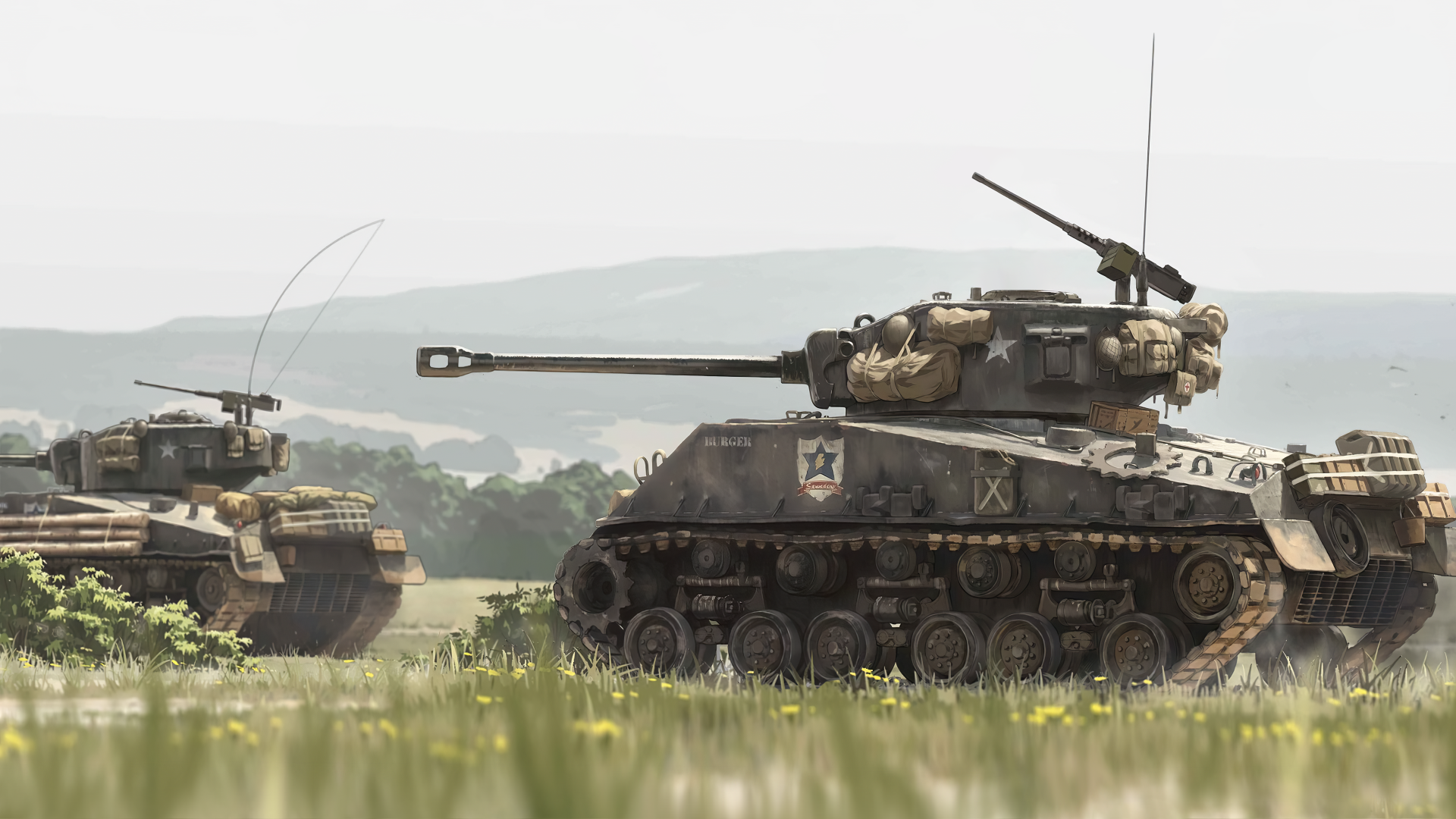 4K Ultra HD PC desktop wallpaper/background showing two camouflaged military tanks rolling through a grassy field beneath a hazy sky.