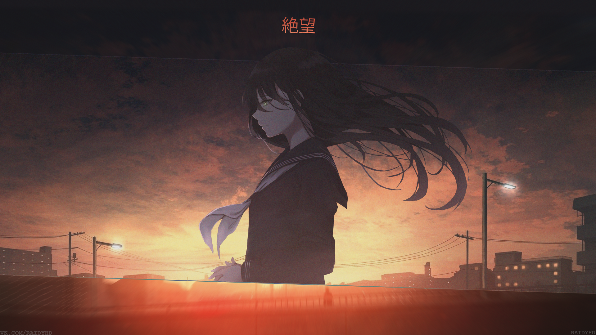 Download School Uniform Black Hair Long Hair Picture-in-picture Anime Girl Sunset Anime Girl Anime Sunset 4k Ultra HD Wallpaper