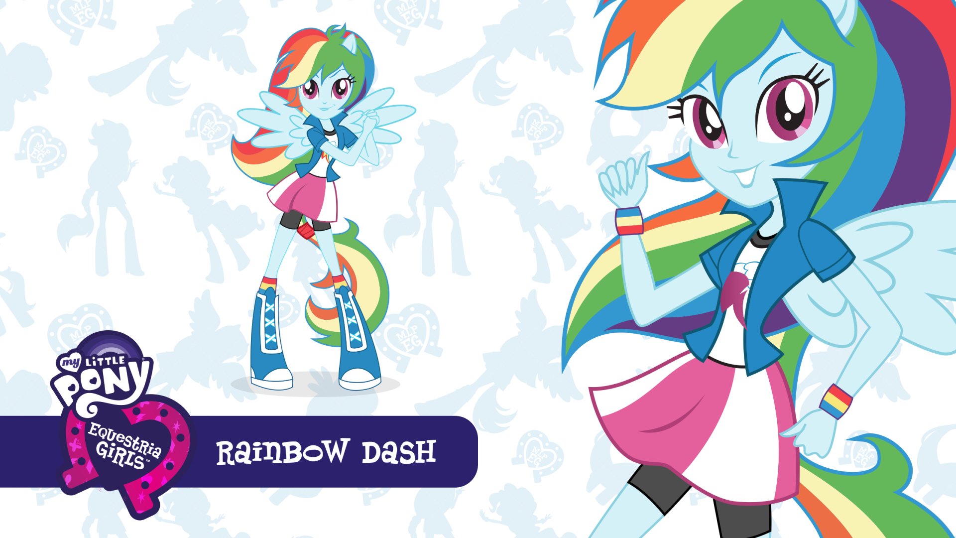HD PC desktop wallpaper featuring Rainbow Dash from the TV show My Little Pony: Equestria Girls with vibrant colors and dynamic poses.