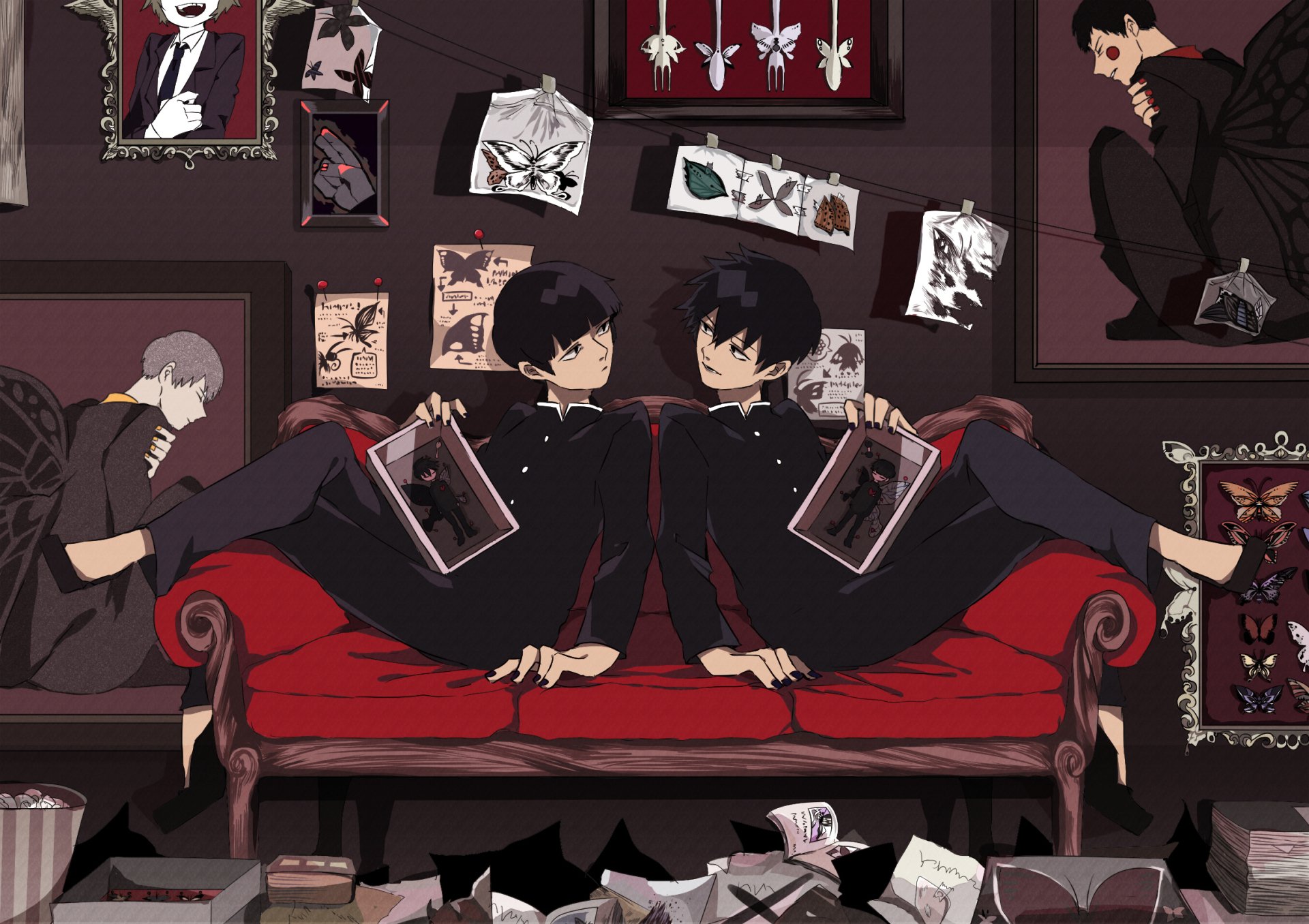 Mob Psycho 100 HD wallpaper: Shigeo Mob and Ritsu Kageyama mirrored on a red sofa, with Ekubo (Dimple) and Arataka Reigen among spirit-themed posters.