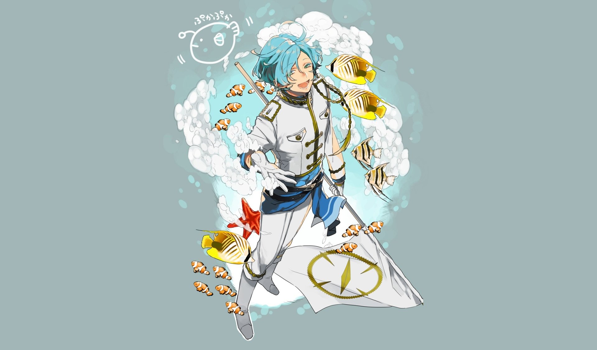 HD PC desktop wallpaper of Kanata Shinkai from the video game Ensemble Stars! Blue-haired character in white outfit surrounded by goldfish and musical motifs on teal.