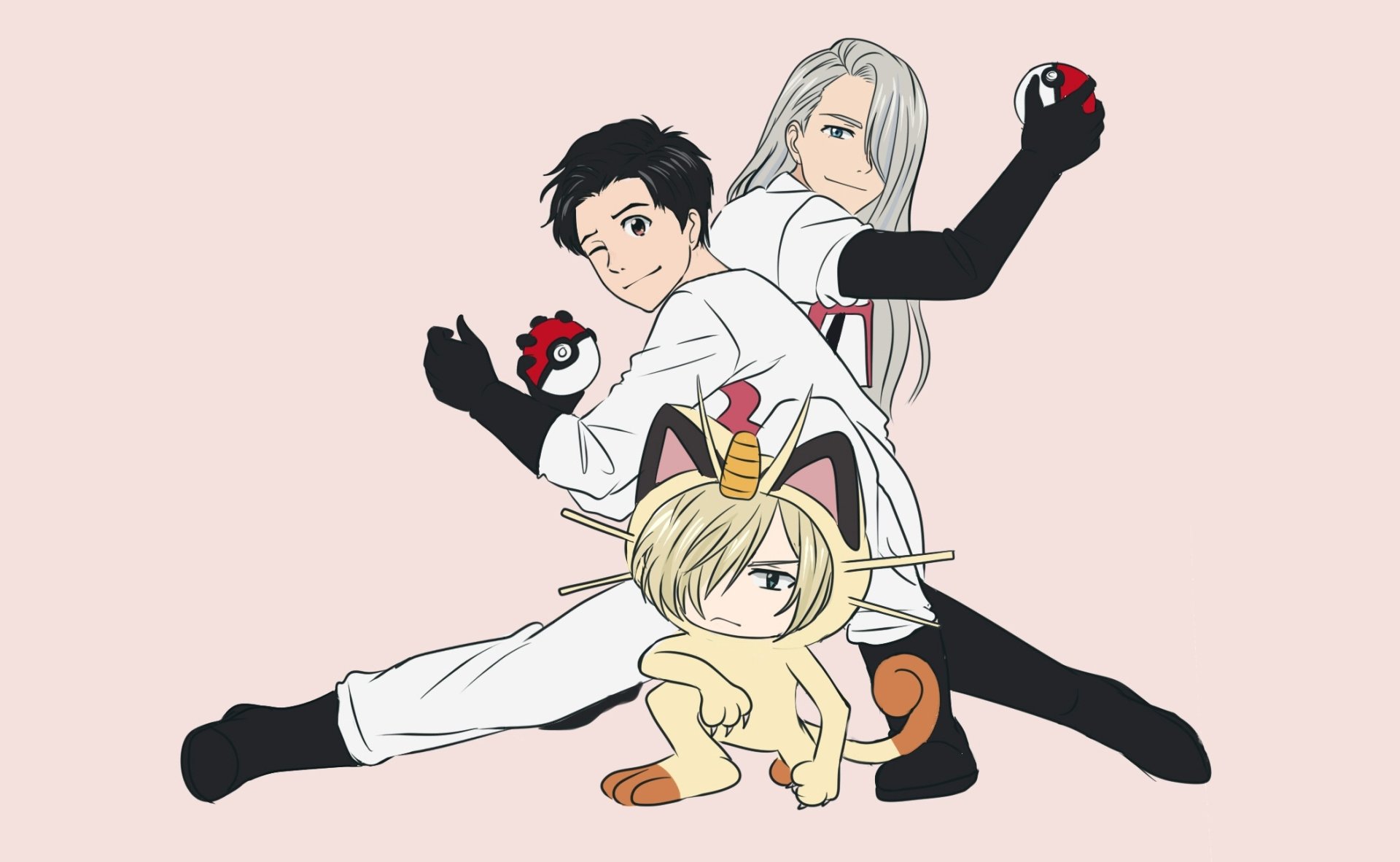 HD PC desktop wallpaper: Yuri!!! on ICE's Victor Nikiforov and Yuuri Katsuki in Team Rocket–style white suits holding Poké Balls, with Yuri Plisetsky in a cat costume.