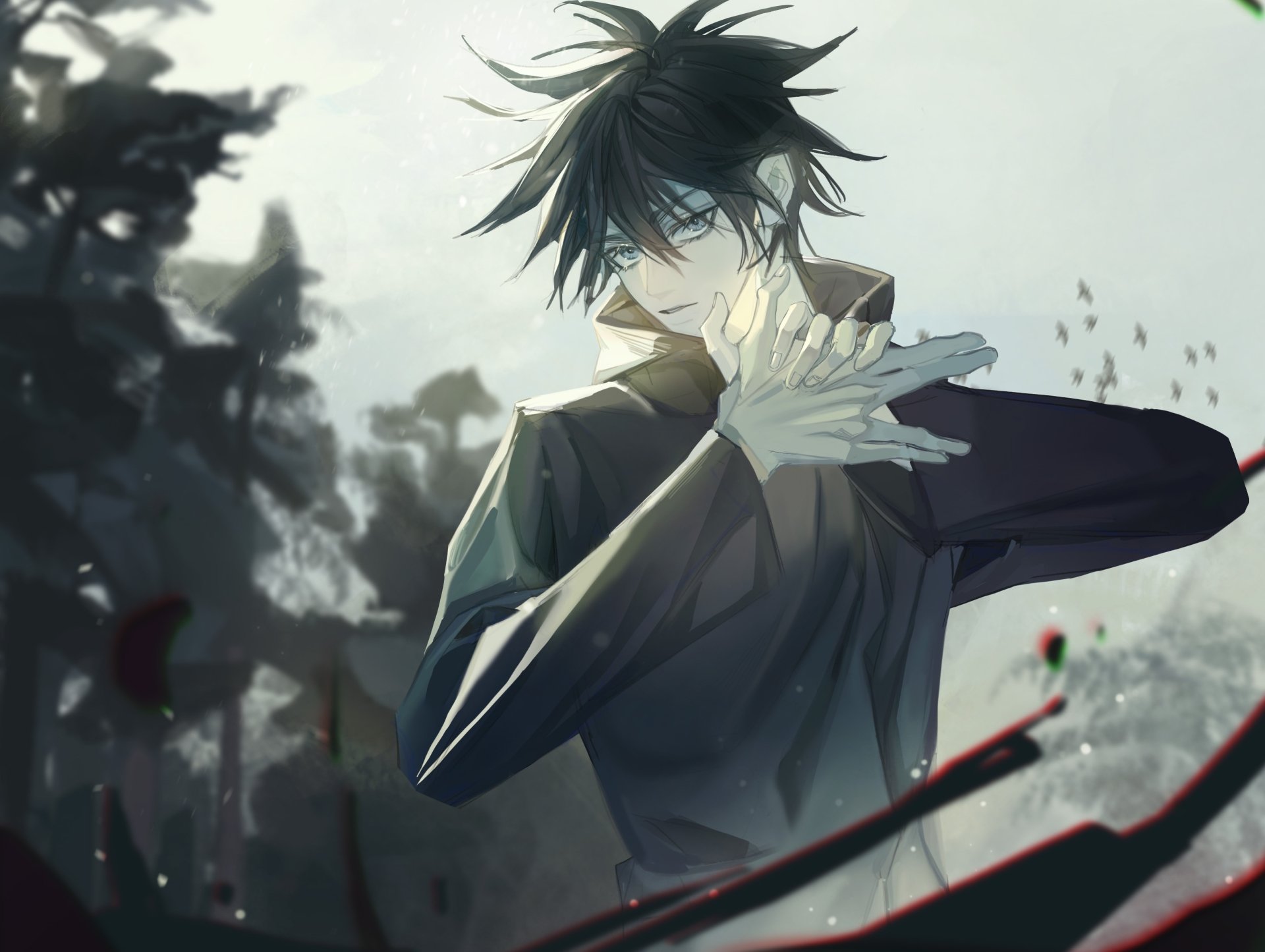 Megumi Fushiguro (Jujutsu Kaisen) 2K Quad HD PC desktop wallpaper: brooding anime pose, dark hair, shadowy energy and misty battlefield backdrop.