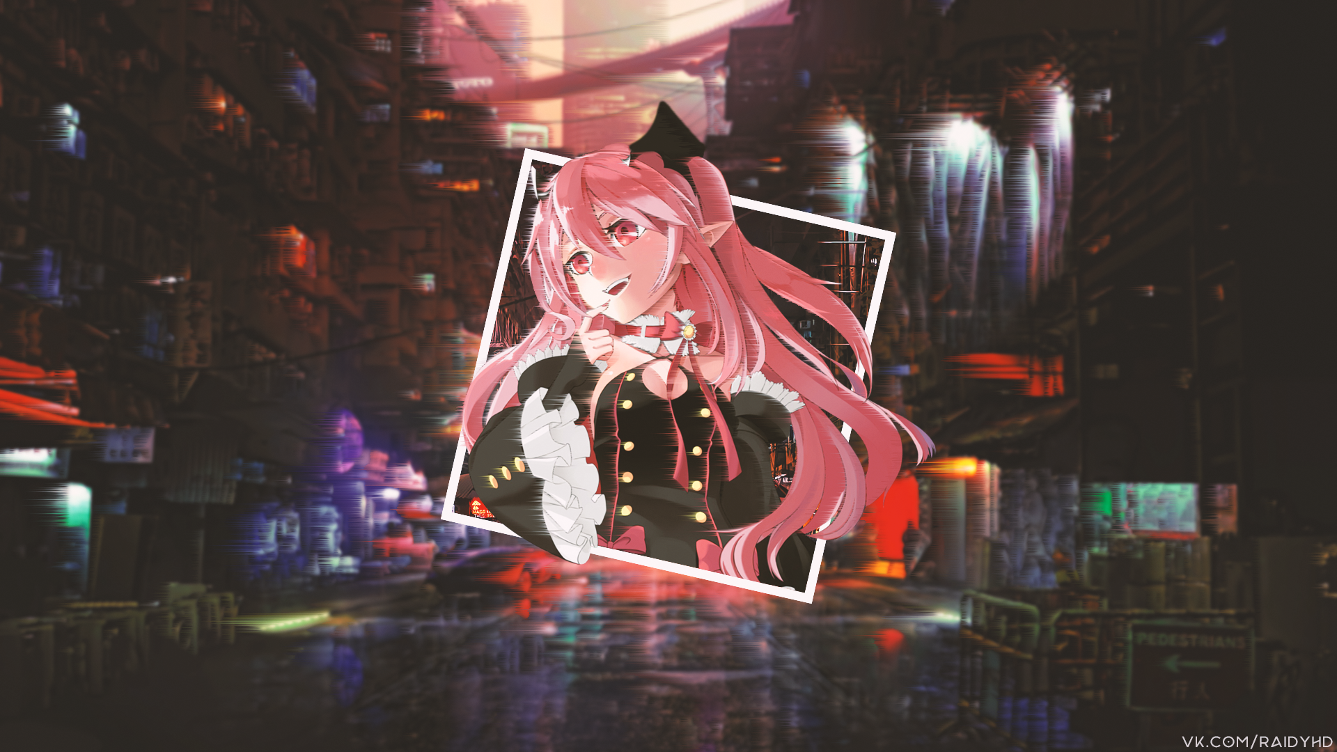 Krul Tepes from Seraph of the End: pink-haired anime vampire in gothic dress inside a white frame over a neon city nightscape — HD PC desktop wallpaper/background.