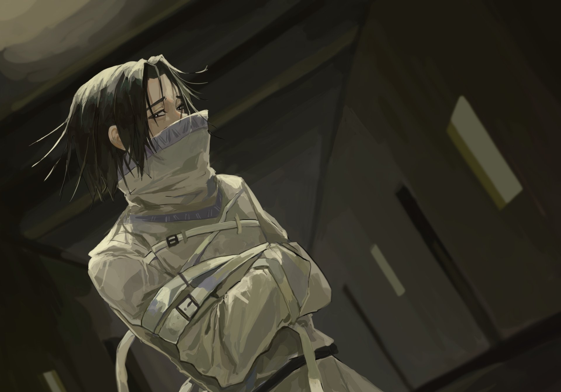 Feitan Portor from Hunter x Hunter sits restrained in a dark room, rendered in HD anime style as a dramatic PC desktop wallpaper and background.