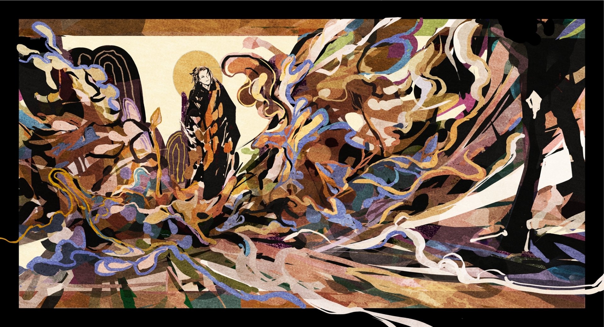 HD PC desktop wallpaper featuring Suguru Geto from the anime Jujutsu Kaisen in a dynamic, stylized scene with vivid swirling energy effects.