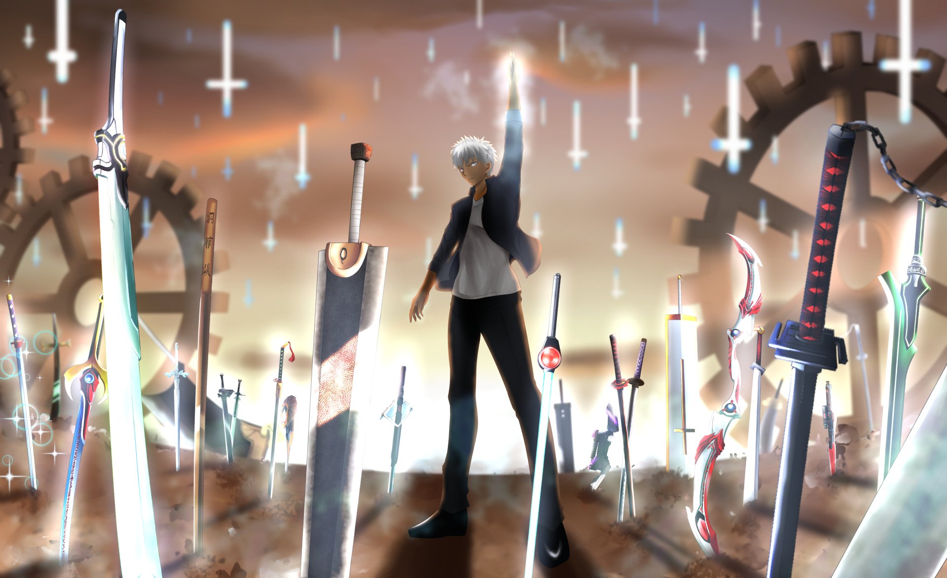 A 4K Ultra HD PC wallpaper featuring Archer from Fate/Stay Night and Fate/Grand Order surrounded by iconic swords, including the Buster Sword from Final Fantasy VII.