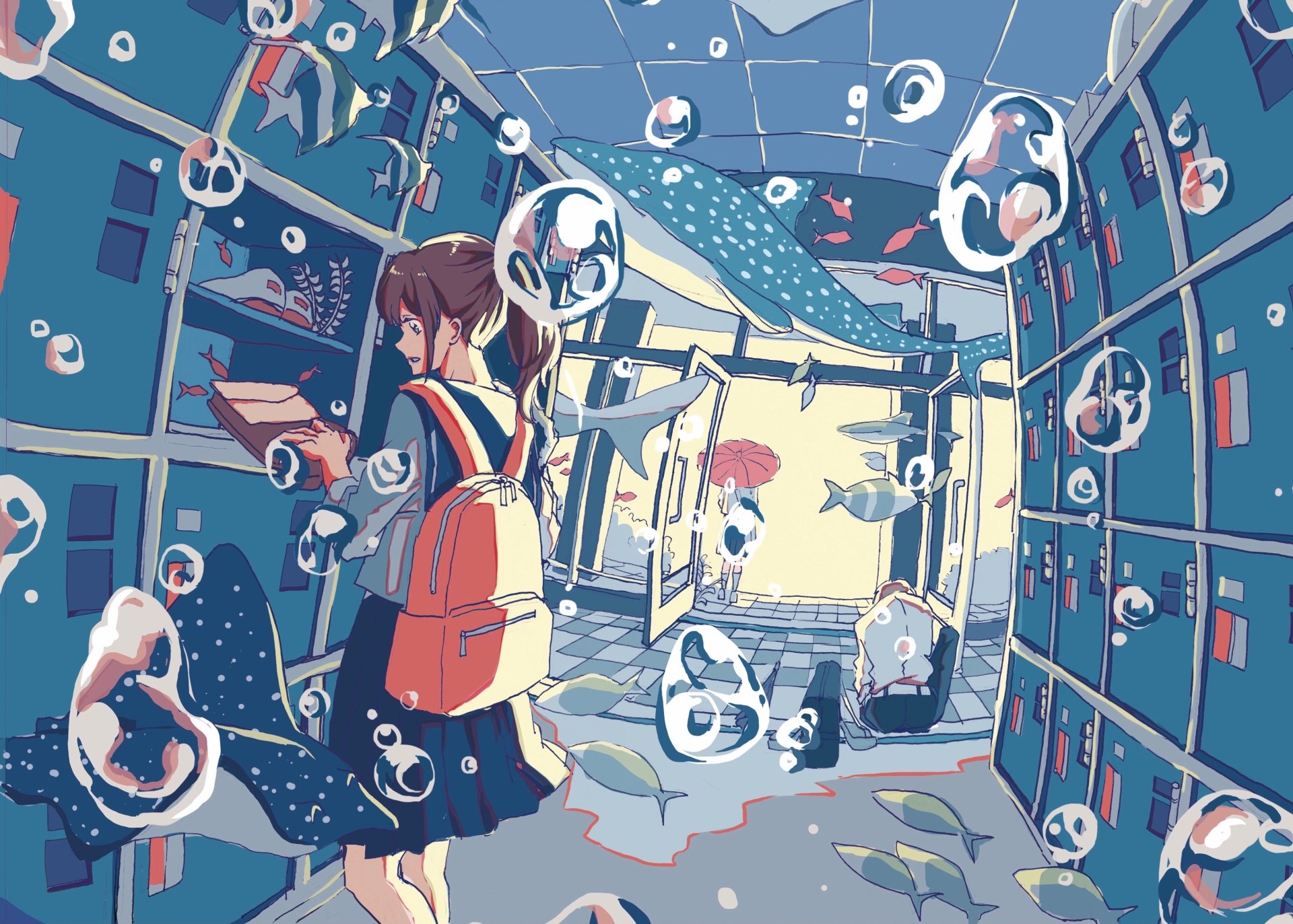 Anime girl with a backpack stands underwater among bubbles, fish, and a whale, rendered in vibrant colors for an HD PC desktop wallpaper.