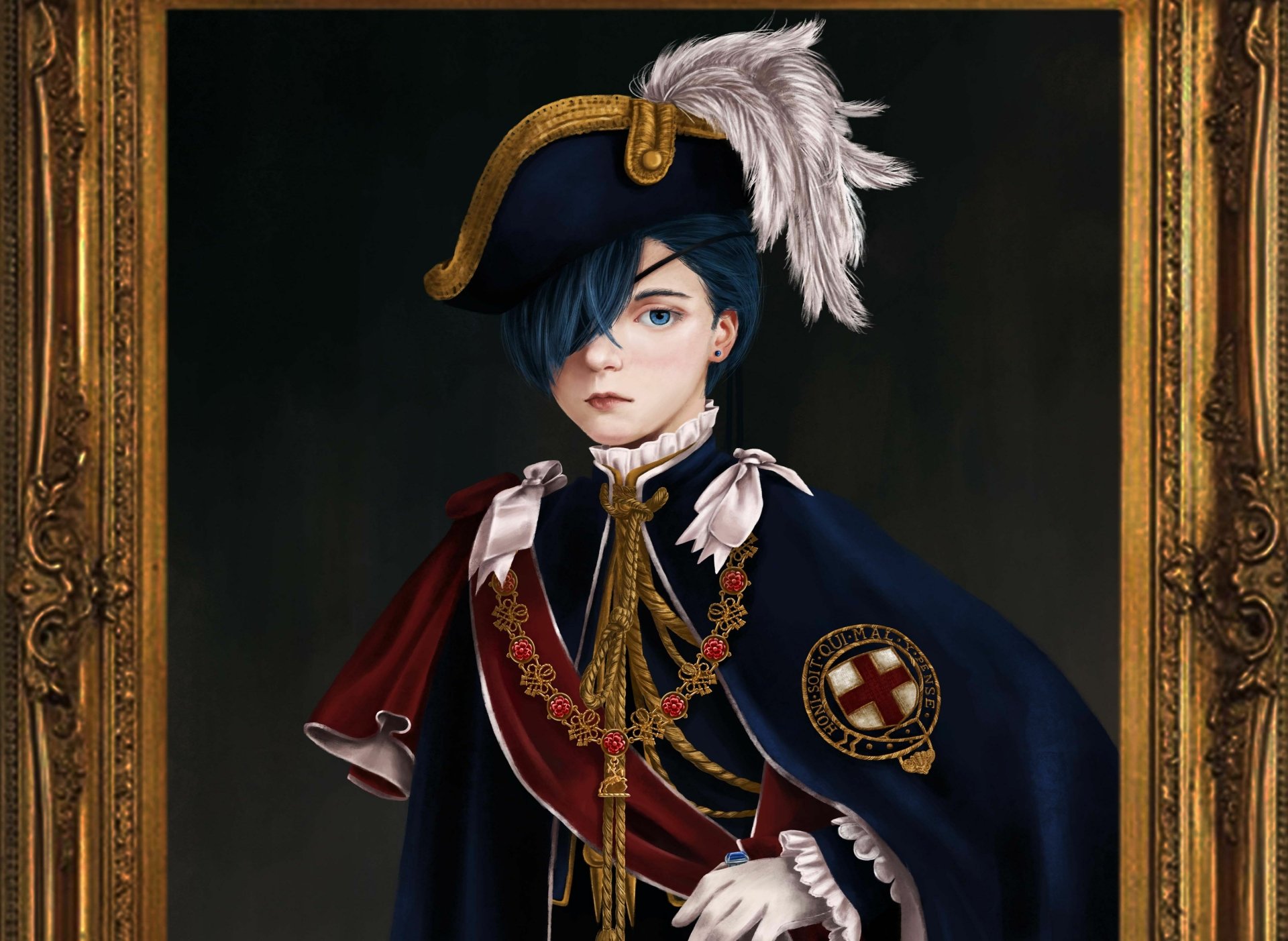 Ciel Phantomhive (Black Butler) in ornate aristocratic coat and feathered tricorn — anime 4K Ultra HD PC desktop wallpaper and background, framed portrait.